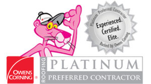 The Owens Corning Platinum Preferred Contractor logo, featuring a pink cartoon character holding a roofing tool and a silver badge with the text 'Experienced. Certified. Elite. Backed by Owens Corning.'