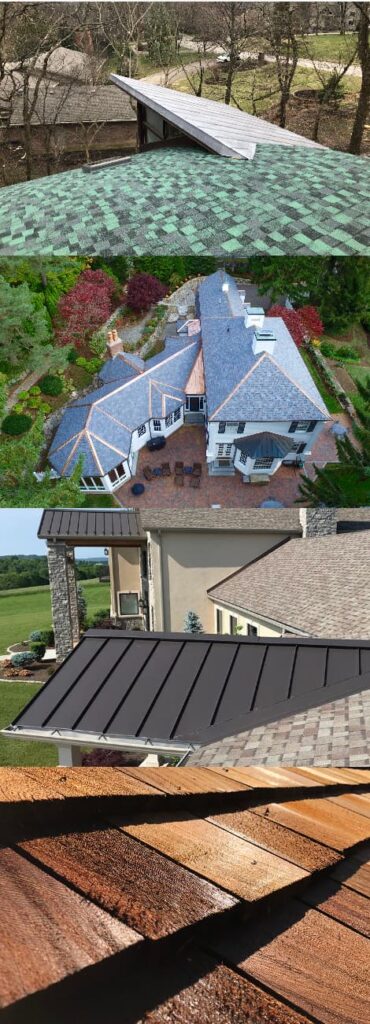 An image showing three different roofing designs, including a metal roof with a green and gray diamond pattern, a blue-gray slate-style roof, and a black metal roof.